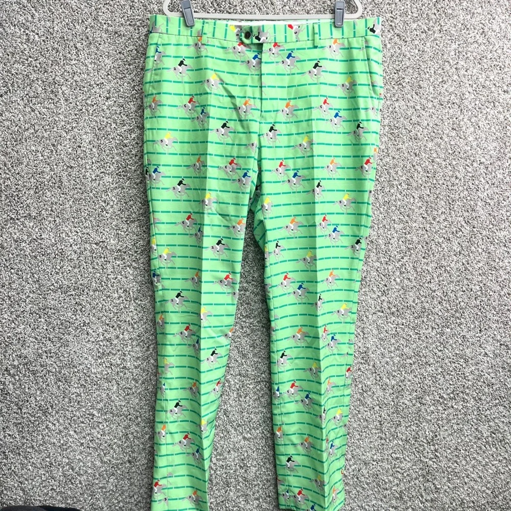 Shinesty Green Horse Racing Derby Print Flat Front Dress Pants in Size 40x35